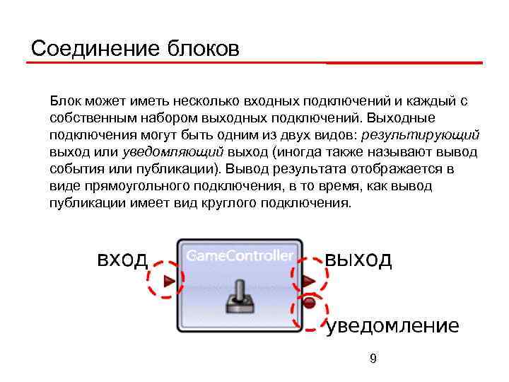 Соединение блоков Блок может иметь несколько входных подключений и каждый с собственным набором выходных