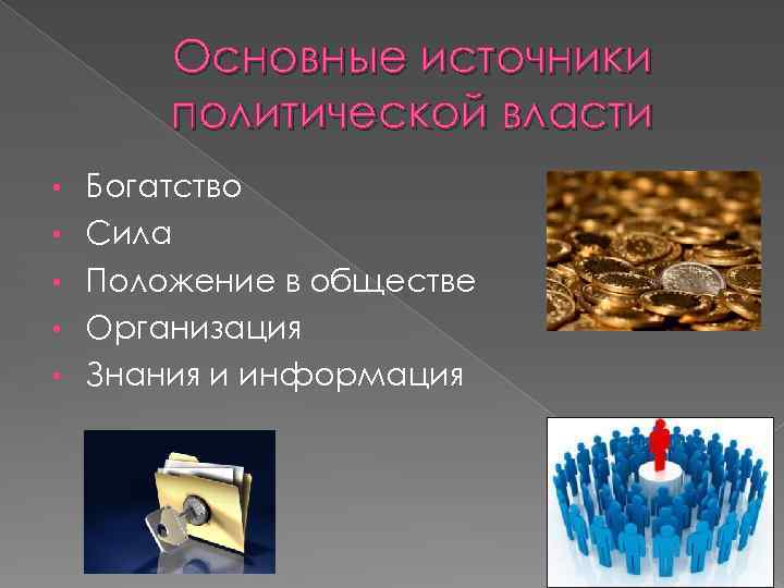 Основные источники политической власти • • • Богатство Сила Положение в обществе Организация Знания
