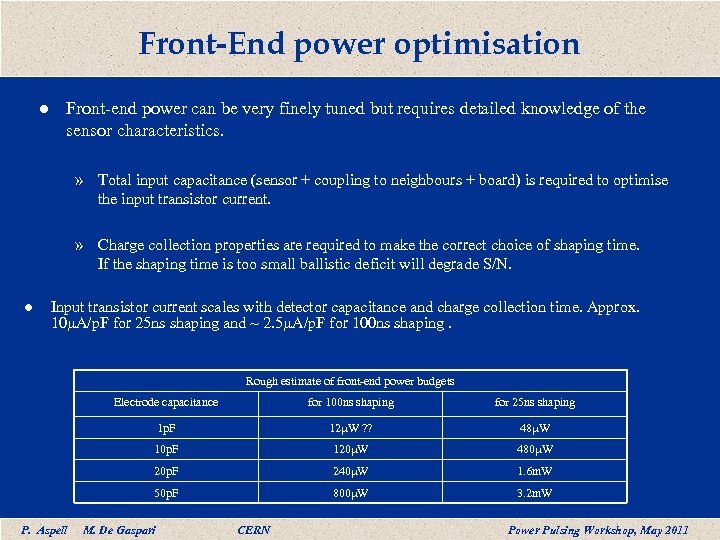Front-End power optimisation l Front-end power can be very finely tuned but requires detailed