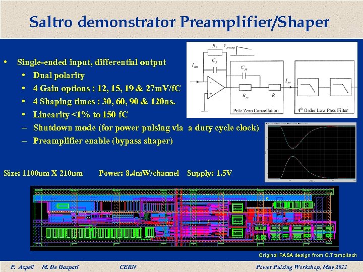 Saltro demonstrator Preamplifier/Shaper • Single-ended input, differential output • Dual polarity • 4 Gain