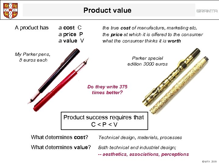 Product value A product has a cost C a price P a value V