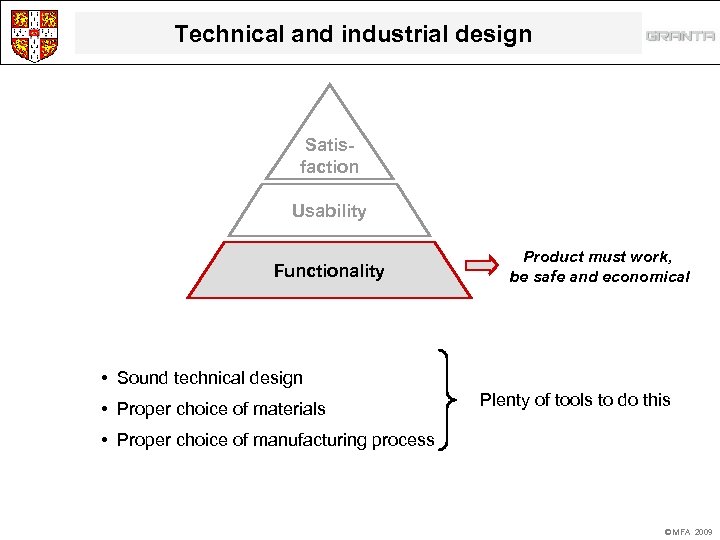 Technical and industrial design Satisfaction Usability Functionality Product must work, be safe and economical