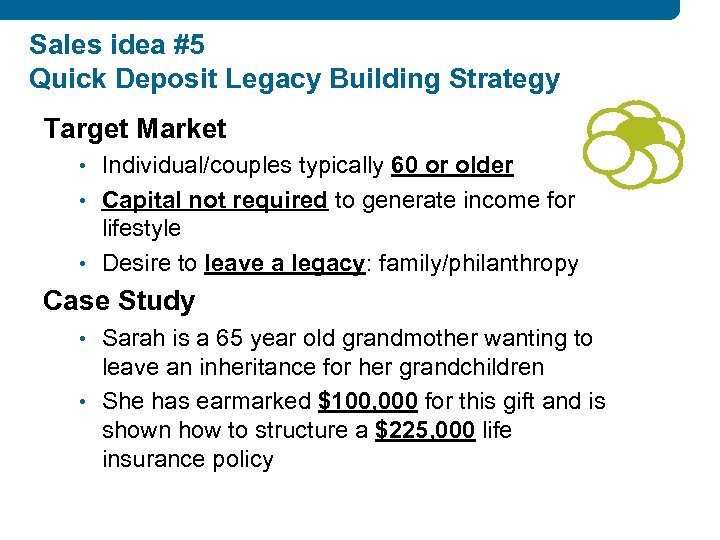 Sales idea #5 Quick Deposit Legacy Building Strategy Target Market • Individual/couples typically 60