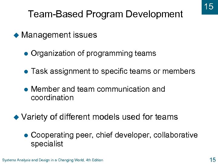 Team-Based Program Development u Management 15 issues l Organization of programming teams l Task
