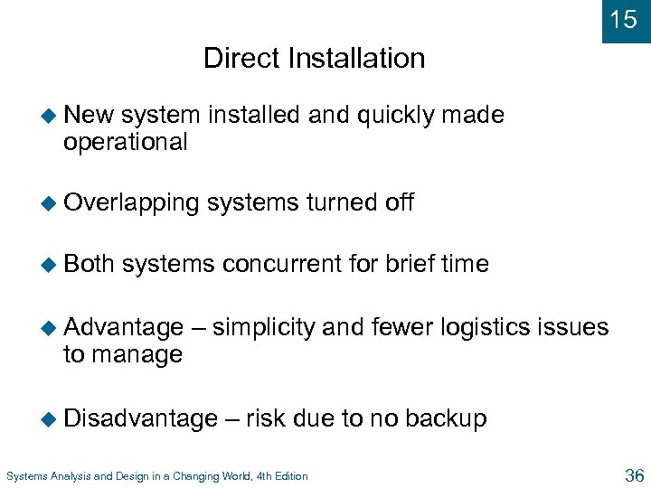 15 Direct Installation u New system installed and quickly made operational u Overlapping u