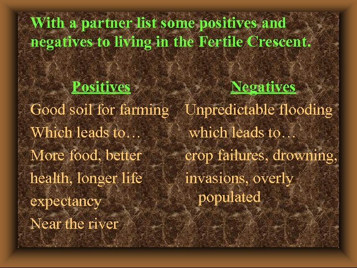 With a partner list some positives and negatives to living in the Fertile Crescent.