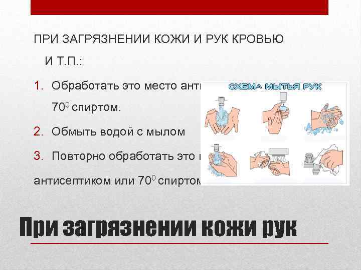 ПРИ ЗАГРЯЗНЕНИИ КОЖИ И РУК КРОВЬЮ И Т. П. : 1. Обработать это место