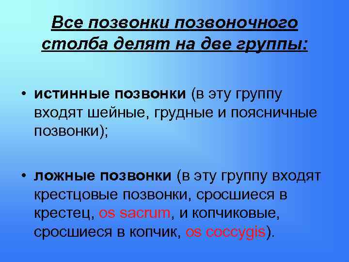 Все позвонки позвоночного столба делят на две группы: • истинные позвонки (в эту группу