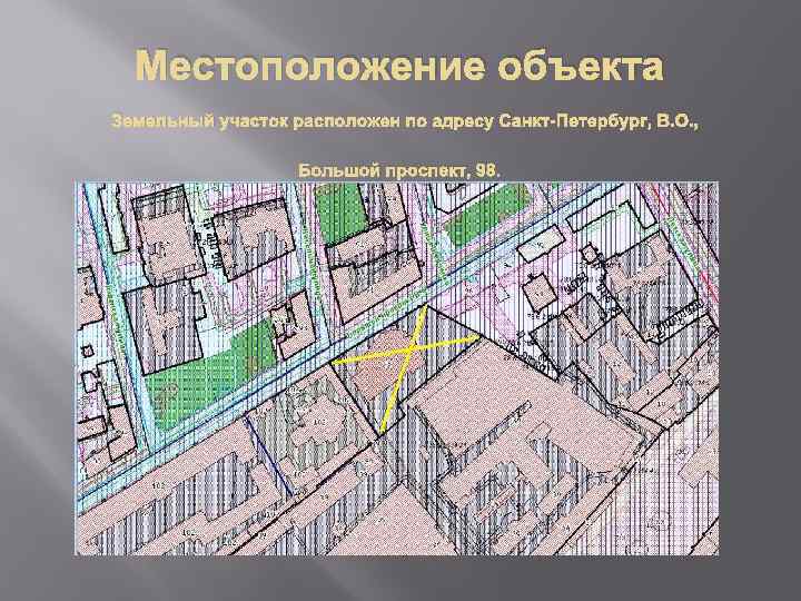 Местоположение объекта Земельный участок расположен по адресу Санкт-Петербург, В. О. , Большой проспект, 98.