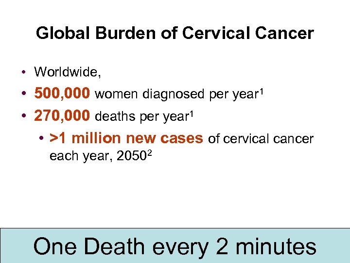 Global Burden of Cervical Cancer • Worldwide, • 500, 000 women diagnosed per year