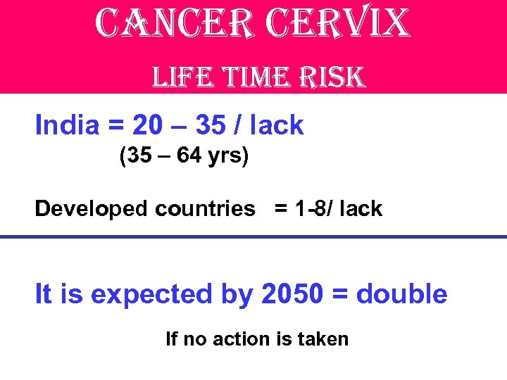cancer cervix life time risk India = 20 – 35 / lack (35 –
