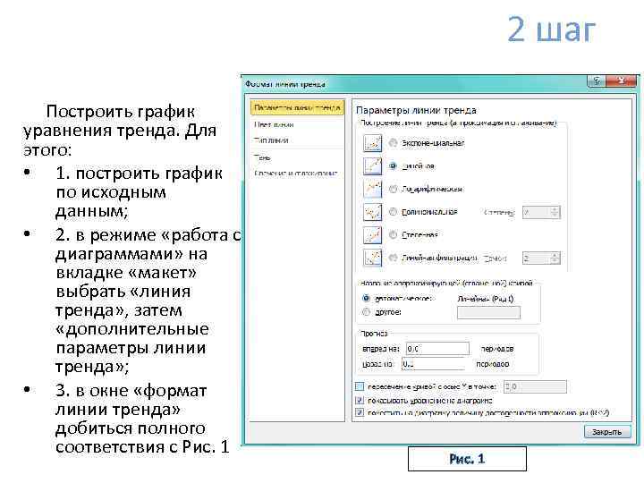 2 шаг Построить график уравнения тренда. Для этого: • 1. построить график по исходным