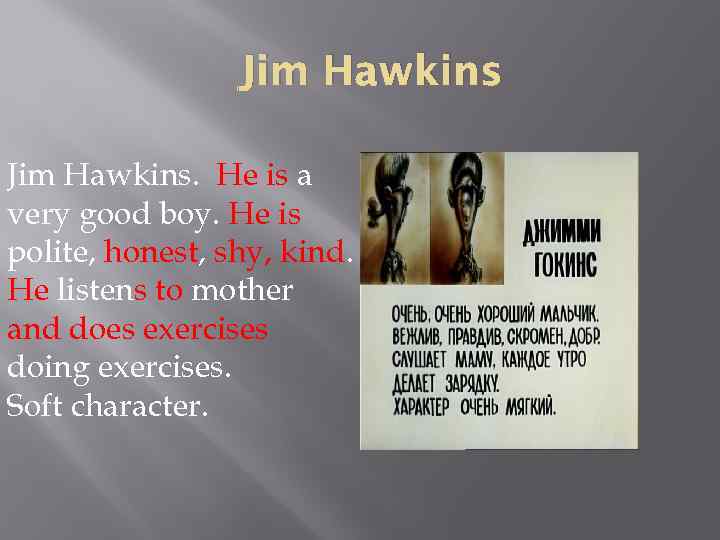 Jim Hawkins. He is a very good boy. He is polite, honest, shy, kind.
