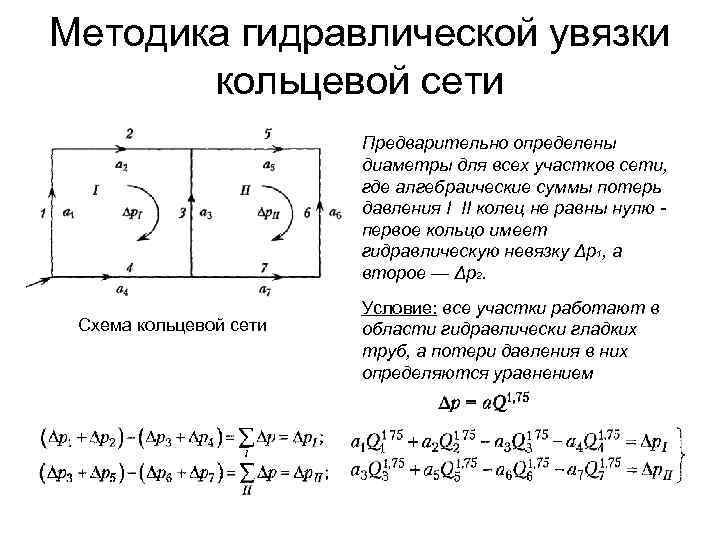 Методика гидравлической увязки кольцевой сети Предварительно определены диаметры для всех участков сети, где алгебраические