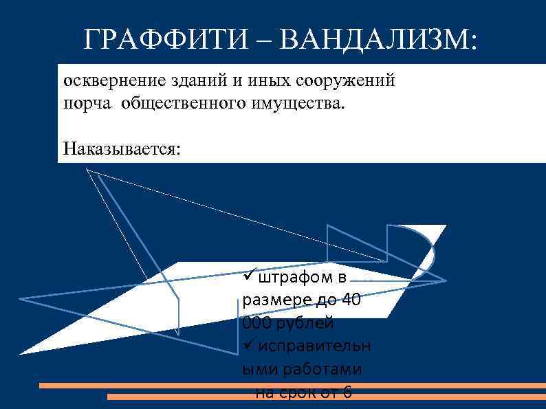 ГРАФФИТИ – ВАНДАЛИЗМ: осквернение зданий и иных сооружений порча общественного имущества. Наказывается: üштрафом в