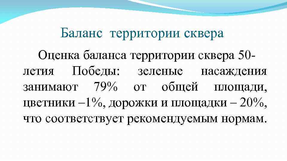 Баланс территории сквера Оценка баланса территории сквера 50 летия Победы: зеленые насаждения занимают 79%