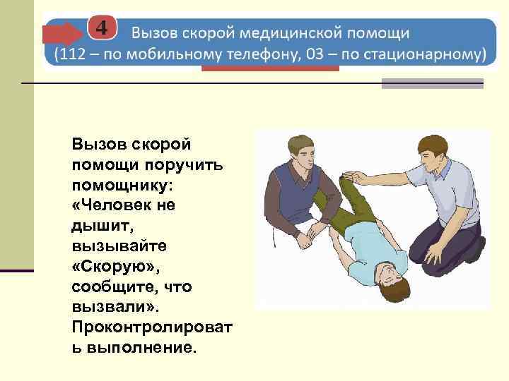 Вызов скорой помощи поручить помощнику: «Человек не дышит, вызывайте «Скорую» , сообщите, что вызвали»