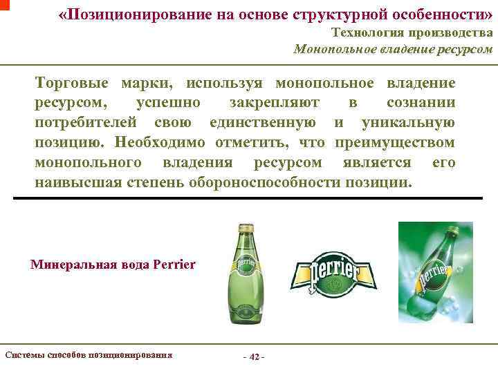  «Позиционирование на основе структурной особенности» Технология производства Монопольное владение ресурсом Торговые марки, используя