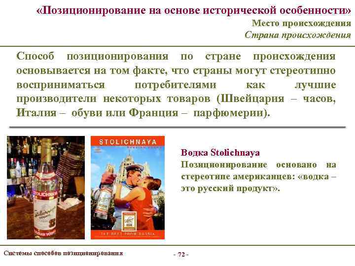  «Позиционирование на основе исторической особенности» Место происхождения Страна происхождения Способ позиционирования по стране