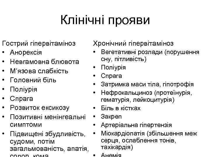 Клінічні прояви Гострий гіпервітаміноз • Анорексія • Невгамовна блювота • М’язова слабкість • Головний