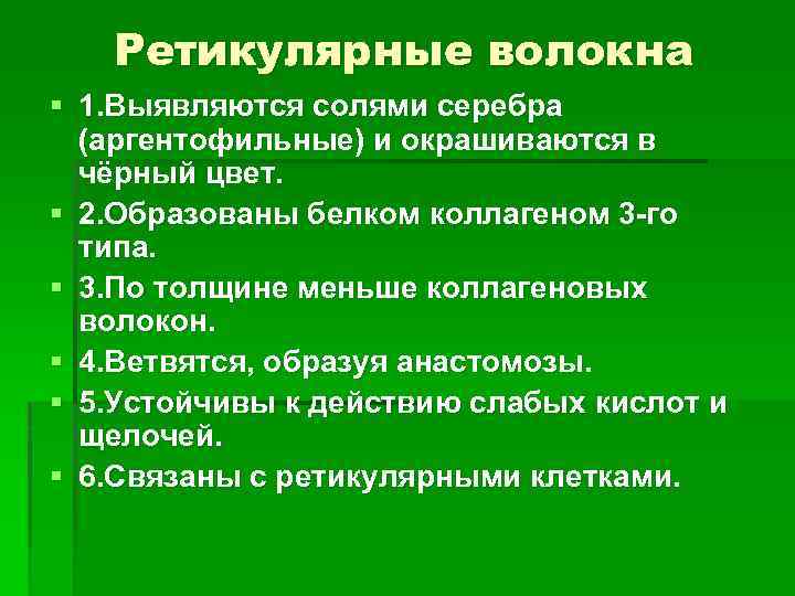 Ретикулярные волокна § 1. Выявляются солями серебра (аргентофильные) и окрашиваются в чёрный цвет. §
