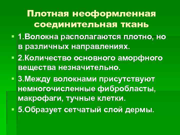 Плотная неоформленная соединительная ткань § 1. Волокна располагаются плотно, но в различных направлениях. §