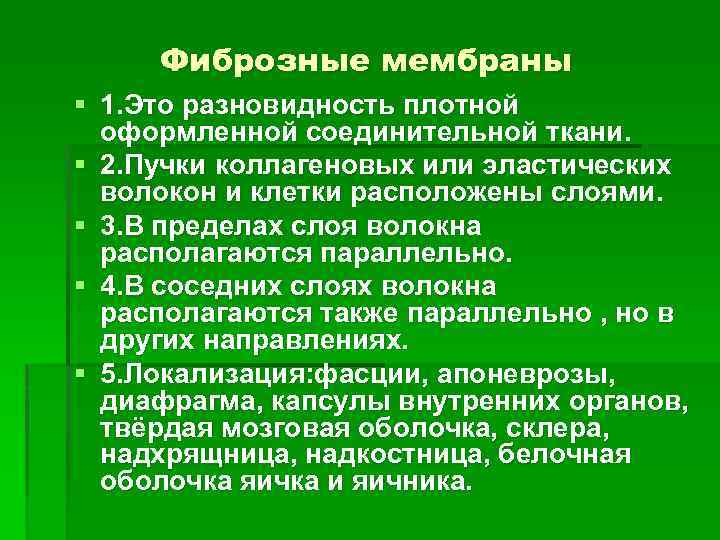 Фиброзные мембраны § 1. Это разновидность плотной оформленной соединительной ткани. § 2. Пучки коллагеновых