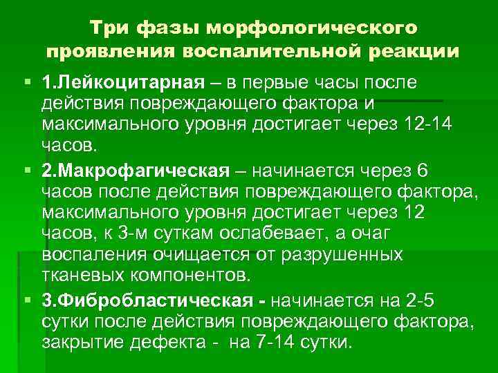 Что значит лейкоцитарная реакция. Лейкоцитарная фаза воспаления. Макрофагическая фаза. Фазы воспалительной реакции. Морфологические проявления фазы воспаления.