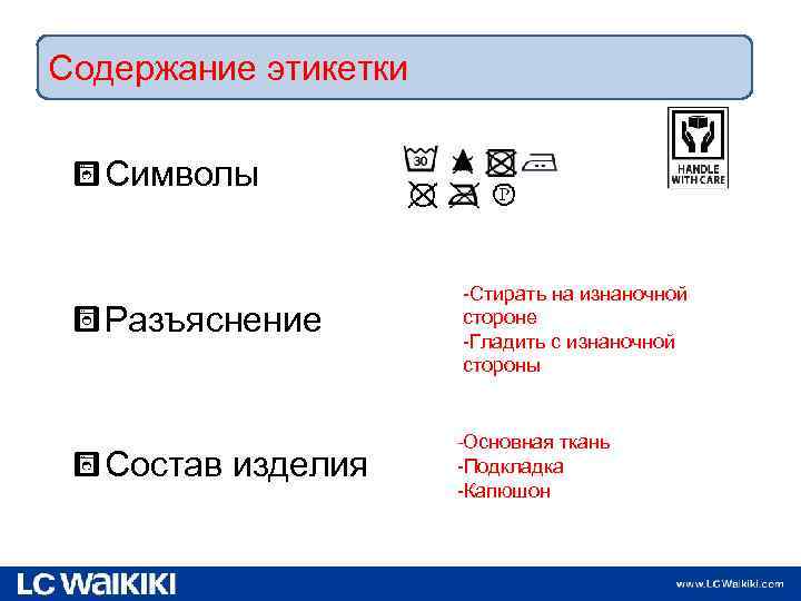 Содержание этикетки Символы Разъяснение Состав изделия 9. 02. 2018 -Стирать на изнаночной стороне -Гладить