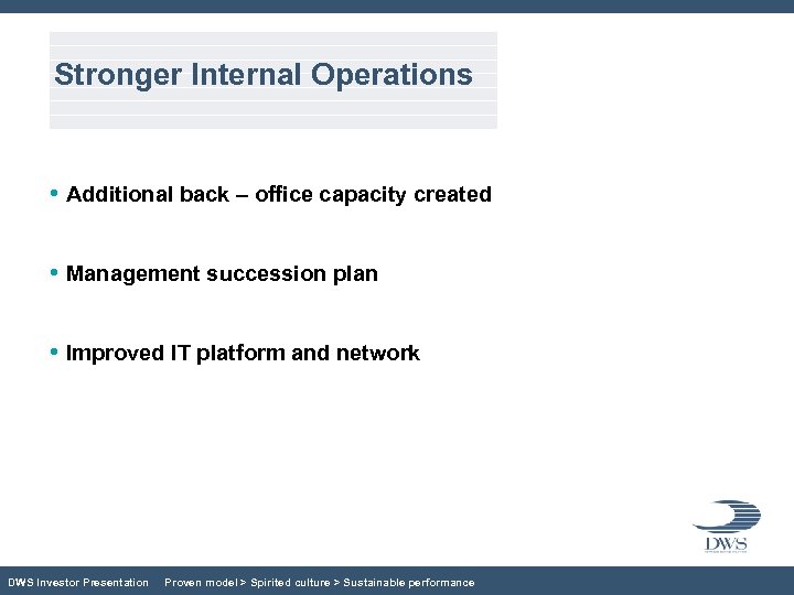 Stronger Internal Operations • Additional back – office capacity created • Management succession plan