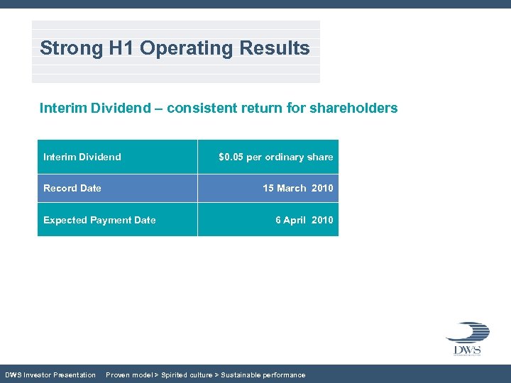 Strong H 1 Operating Results Interim Dividend – consistent return for shareholders Interim Dividend
