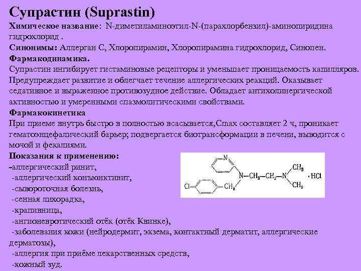 Сколько нужно пить супрастин. Супрастин химическая формула. Супрастин хлоропирамин. Хлоропирамина гидрохлорид. Супрастин механизм действия фармакология.