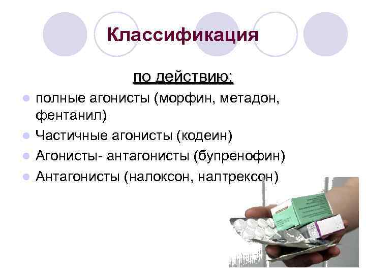 Классификация по действию: полные агонисты (морфин, метадон, фентанил) l Частичные агонисты (кодеин) l Агонисты-