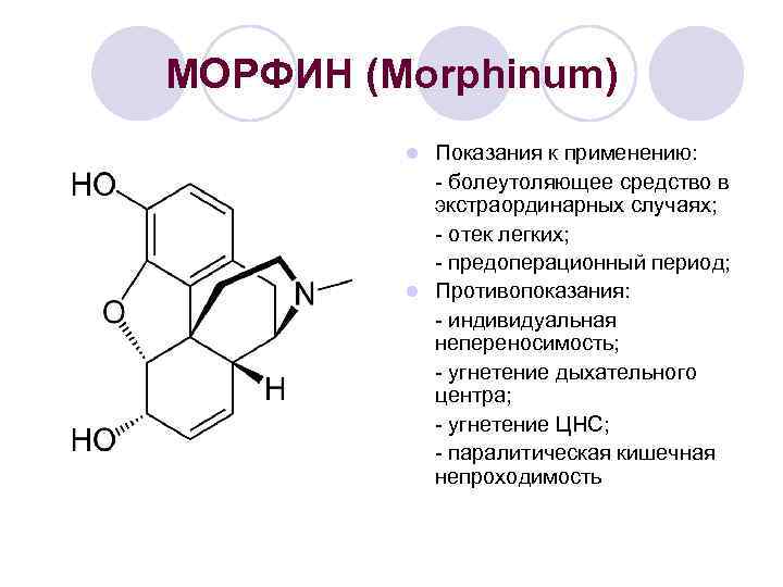 МОРФИН (Morphinum) Показания к применению: - болеутоляющее средство в экстраординарных случаях; - отек легких;