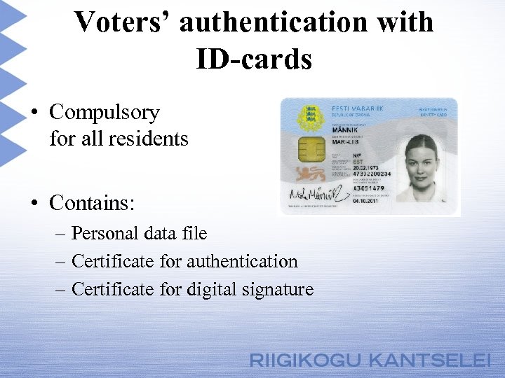 Voters’ authentication with ID-cards • Compulsory for all residents • Contains: – Personal data