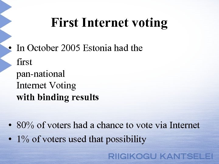 First Internet voting • In October 2005 Estonia had the first pan-national Internet Voting