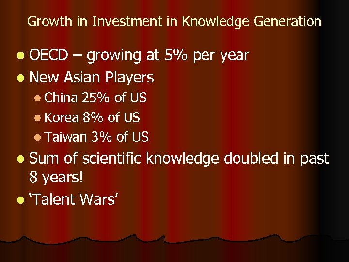 Growth in Investment in Knowledge Generation l OECD – growing at 5% per year