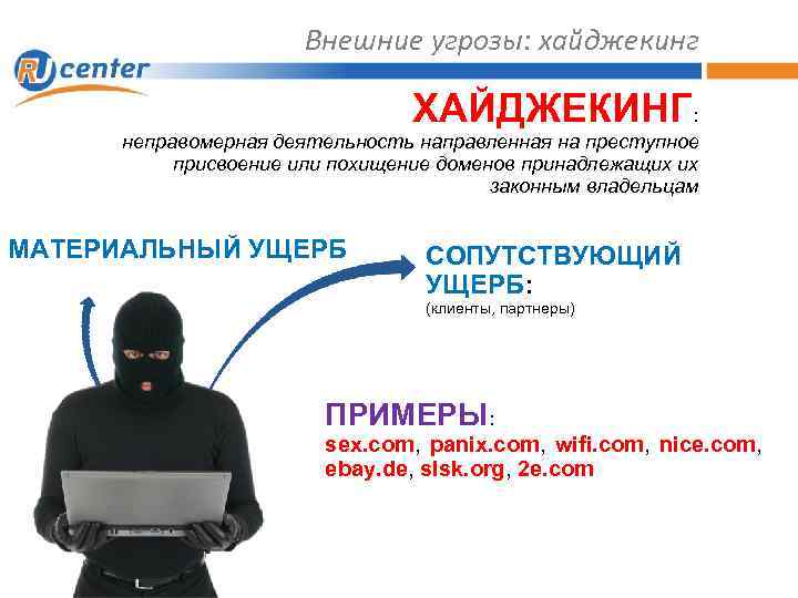 Внешние угрозы: хайджекинг ХАЙДЖЕКИНГ: неправомерная деятельность направленная на преступное присвоение или похищение доменов принадлежащих