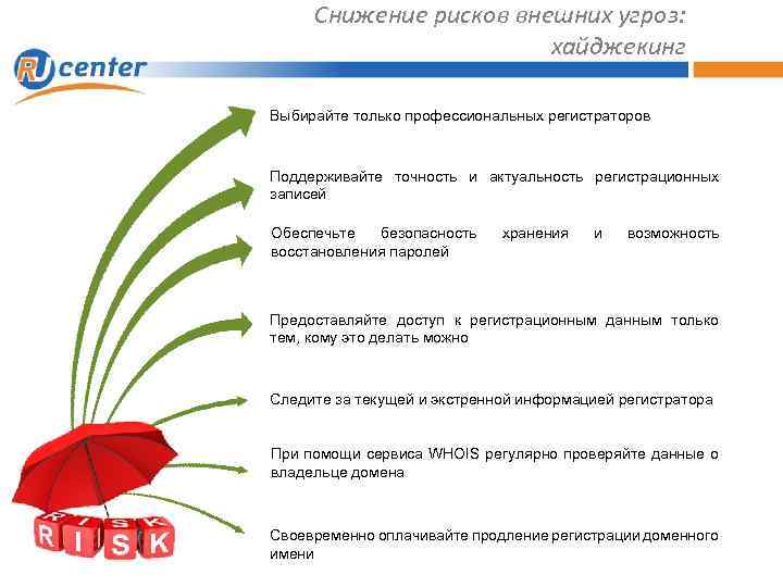 Снижение рисков внешних угроз: хайджекинг Выбирайте только профессиональных регистраторов Поддерживайте точность и актуальность регистрационных