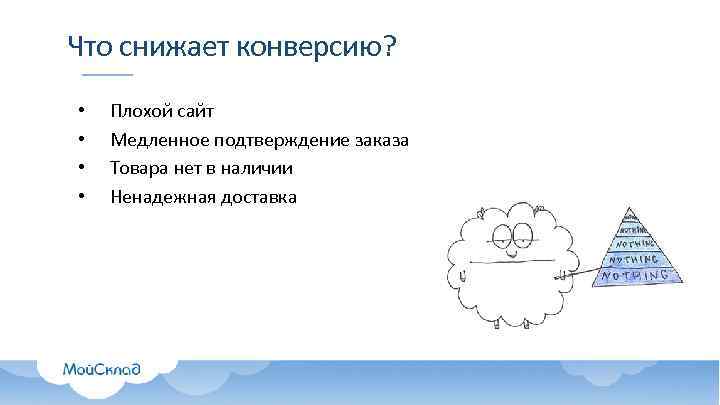 Что снижает конверсию? • • Плохой сайт Медленное подтверждение заказа Товара нет в наличии