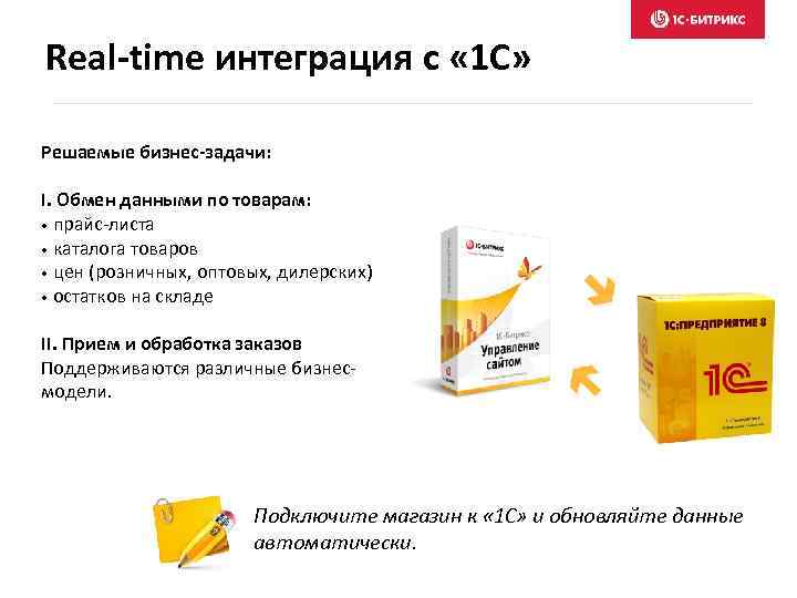 Real-time интеграция с « 1 С» Решаемые бизнес-задачи: I. Обмен данными по товарам: •