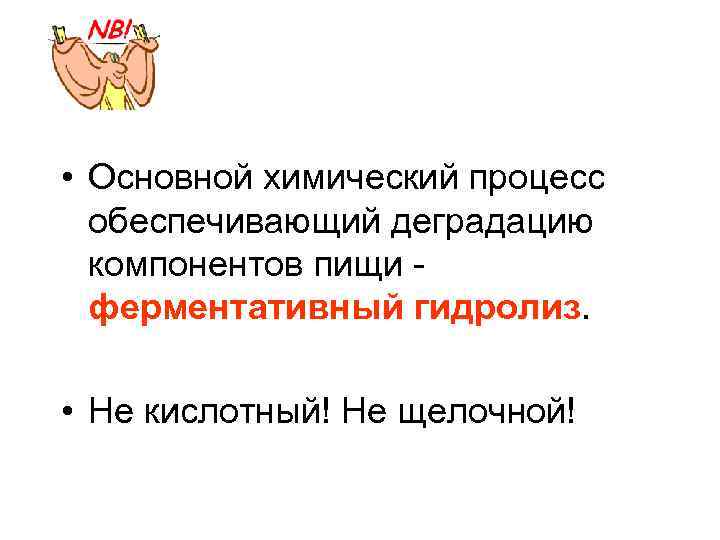  • Основной химический процесс обеспечивающий деградацию компонентов пищи - ферментативный гидролиз. • Не