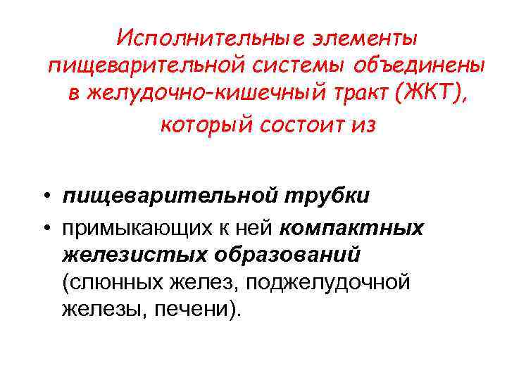 Исполнительные элементы пищеварительной системы объединены в желудочно-кишечный тракт (ЖКТ), который состоит из • пищеварительной