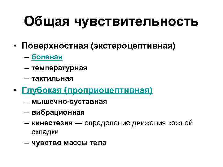 Общая чувствительность • Поверхностная (экстероцептивная) – болевая – температурная – тактильная • Глубокая (проприоцептивная)