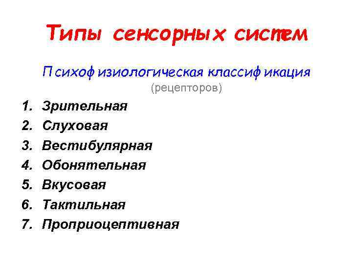 Типы сенсорных систем Психофизиологическая классификация (рецепторов) 1. 2. 3. 4. 5. 6. 7. Зрительная