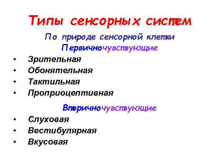 Типы сенсорных систем • • По природе сенсорной клетки Первичночувствующие Зрительная Обонятельная Тактильная Проприоцептивная