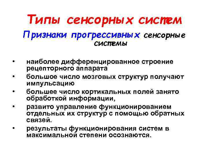 Типы сенсорных систем Признаки прогрессивных сенсорные системы • • • наиболее дифференцированное строение рецепторного