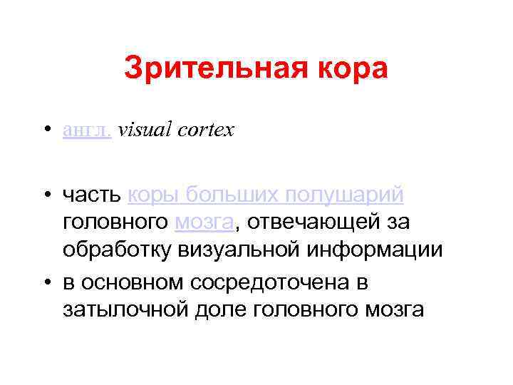 Зрительная кора • англ. visual cortex • часть коры больших полушарий головного мозга, отвечающей