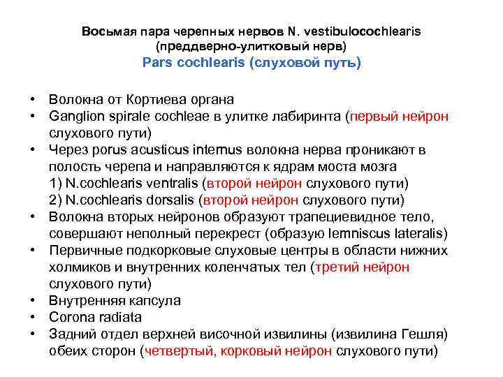 Восьмая пара черепных нервов N. vestibulocochlearis (преддверно-улитковый нерв) Pars cochlearis (слуховой путь) • Волокна