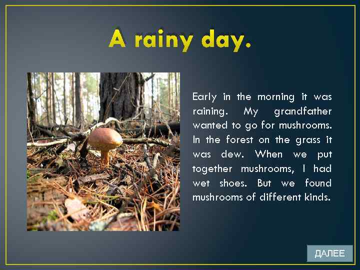 A rainy day. Early in the morning it was raining. My grandfather wanted to